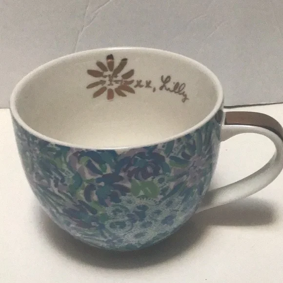Lily Pulitzer Blue Purple Green Floral Gilt Gold Handle Large Tea Coffee Cup - Picture 2 of 10